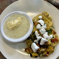 Greek scramble and grits with vegan butterr  at Honey & Co  in Salem