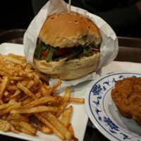 Mushroom burger and carrot cake (vegan). at VG in Paris