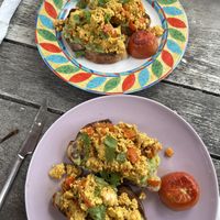Scrambled tofu open sandwich   at Pan De Mie Noodle House in Canggu
