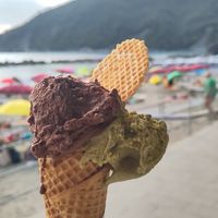 Vegan chocolate and pistachio ice cream (cone also vegan) at Qualcosa di Buono in Moneglia