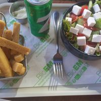 frites de panisse (fried chickpea paste) 4€ & salade feta 8,90€ at Veganil in Paris