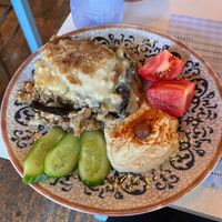 Vegan moussaka with hummus at Stou Roushia in Larnaca