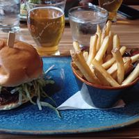 Burger with fries at Rogue Kitchen & Wetbar in Vancouver