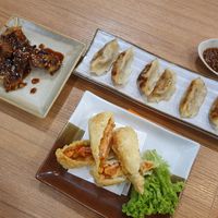 Teriyaki chicken, gyoza and spring rolls. Spring rolls not recommended! at Teng Bespoke Vegetarian Restaurant - 藤 in Central Singapore