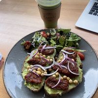Avo on toast and super greens protein smoothie   at Chateau Café in Stevenage