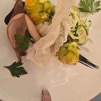 antipasto with fiori di zucca, zucchini ribbons and oven cooked onions at La Casina di Alice in Livorno