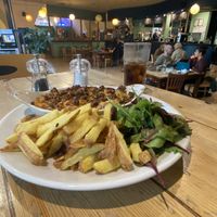 Mac n cheeze made with black pudding, chunky fries and salad. Mmm, mmm, mmm! at Mono in Glasgow