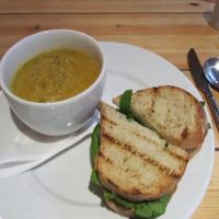 Soup-and-sandwich: parsnip-carrot-dill soup and smoked tofu sandwich at Mono in Glasgow