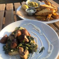 Mushroom toast and tofish & chips  at Mono in Glasgow