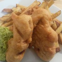 Sausage, peas and chips at Mono in Glasgow