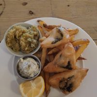 "To-fish & Chips" with additional mushy peas at Mono in Glasgow