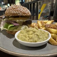 Haggis burger with chips and mushy peas   at Mono in Glasgow