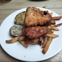 Tofish, chips & mushy peas. at Mono in Glasgow