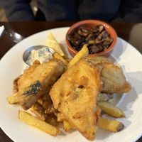 Tofish & chips with a side of garlic mushrooms  at Mono in Glasgow