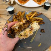 Nduja pizza with hot honey and my haggis burger  at Mono in Glasgow