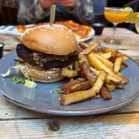 Haggis burger with fries and blue cheese dip  at Mono in Glasgow