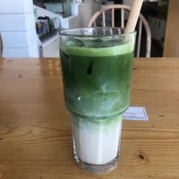 Matcha latte with oat milk  at Honolulu Coffee in Vancouver