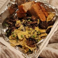 Spring Bow Tie Special with Lemon Cashew Alfredo sauce + mushrooms at The Red Fern in Rochester