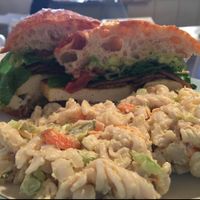 tofu egg breakfast sandwich with Mac salad at The Red Fern in Rochester