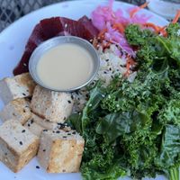 Buddha Bowl (GF) – oil-free option without the dressing: organic marinated tofu, coconut brown rice, steamed kale, chilled beets, pickled carrots & cabbage.   at The Red Fern in Rochester
