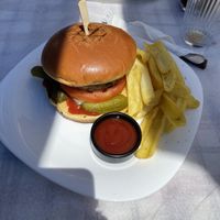 Olive burger, honey mustard sauce swapped for ketchup  at SouvLake in Skiathos