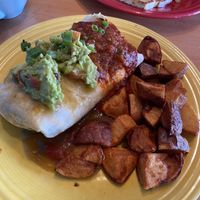 Veggie Burrito and red potatoes with guc, red salsa and green salsa   at Winona's in Steamboat Springs