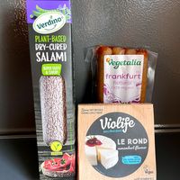 Bought vegan products: salami, Frankfurt sausages and camembert at Dietètica Nogal in Premia De Mar