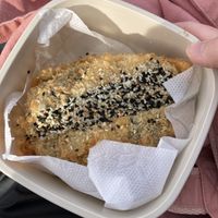 Tempura Onigirazu (in my own take-out container!)  at Brinji in Tbilisi