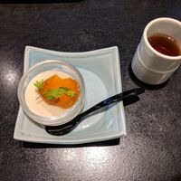 Soy milk and fruit pudding-like dessert that came with set meal at Hanabishi in Koya