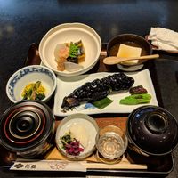 Mid-range vegetable set meal with eggplant and side dishes at Hanabishi in Koya
