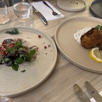 Aubergine roll ups and “fish&quot;  at Manna 2 in Warsaw