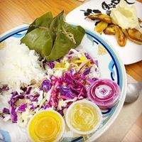 Cambodian amok-style tofu, cabbage salad, dragonfruit dressing, fried plantains with roasted plantain coconut ice cream. All vegan! at Roots Cafe in Honolulu
