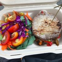 Kalo (taro) sandwich, with avocado, roasted red peppers and onions, side salad. at Roots Cafe in Honolulu