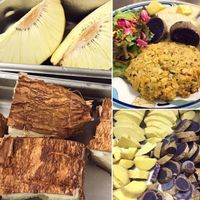 Ulu (breadfruit) cassava patties, with native starches. Serving no rice to bring awareness to the fact that most rice is imported and we have sustainable native foods that can help make Hawai'i food secure! at Roots Cafe in Honolulu