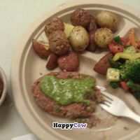 Sweet potato, quinoa and chick pea patties! Veggies, steamed potatoes and a coconut milk taro dessert! $10...YUM!! at Roots Cafe in Honolulu