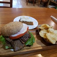 Loving burger w chips & carrot cake. at Loving Heart in Chicago