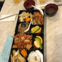 Sharing bento boxes, hainan 'chicken' and sweet and sour stir fry- delicious! at Water Drop Teahouse in Box Hill