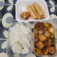 Veg Spring Rolls, Jasmine Rice and Sweet and Sour Tofu at Panadda Thai Takeaway in Penrhyndeudraeth