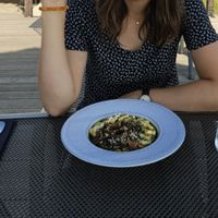 Vegan polenta with mushrooms at Palaima Restaurant in Anyksciai