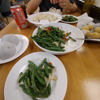Green Beans, vegan Sesame balls, vegan taro bao buns at One Bite Dumpling一口香饺子坊 in Santa Clarita