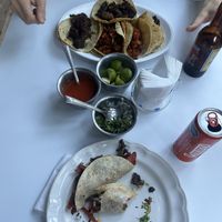 up left: beef, up middle: pollo, up right: enchilada (its hidden), down: 3 seitan steak tacos  at Veganion in Mexico City
