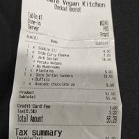 Receipt at Kale Cafe Vegan Kitchen in Daytona Beach