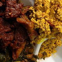 Seitan bbq with collard greens and tofu scramble  at Kale Cafe Vegan Kitchen in Daytona Beach