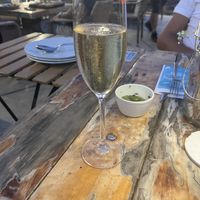 Cava met een aardbei   at Xiringuito in Mallorca