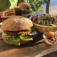 Burger w/onions on side (should’ve left them in they were so good) and the salad. The saladdd!!  at La Yaqueria Tulum in Tulum