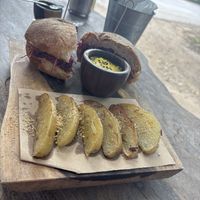 Jackfruit sandwich and potato’s with hummus   at La Yaqueria Tulum in Tulum