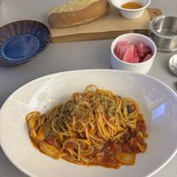 Very delicious pasta, a little bit of a korean italian mix taste. They have a vegan menu. It comes with a little bread with jam, all vegan!  at Allocco - 알로꼬 in Incheon