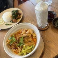 Vanilla frappe, khao soi with soy chicken, and soy pork with basil and rice   at Kem-Kon KhaoSan (เข้ม-ข้น ข้าวสาร) in Bangkok
