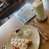 Strawberry bubble waffle and matcha frappee  at Kem-Kon KhaoSan (เข้ม-ข้น ข้าวสาร) in Bangkok