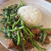 morning glory and “pork"  at Kem-Kon KhaoSan (เข้ม-ข้น ข้าวสาร) in Bangkok